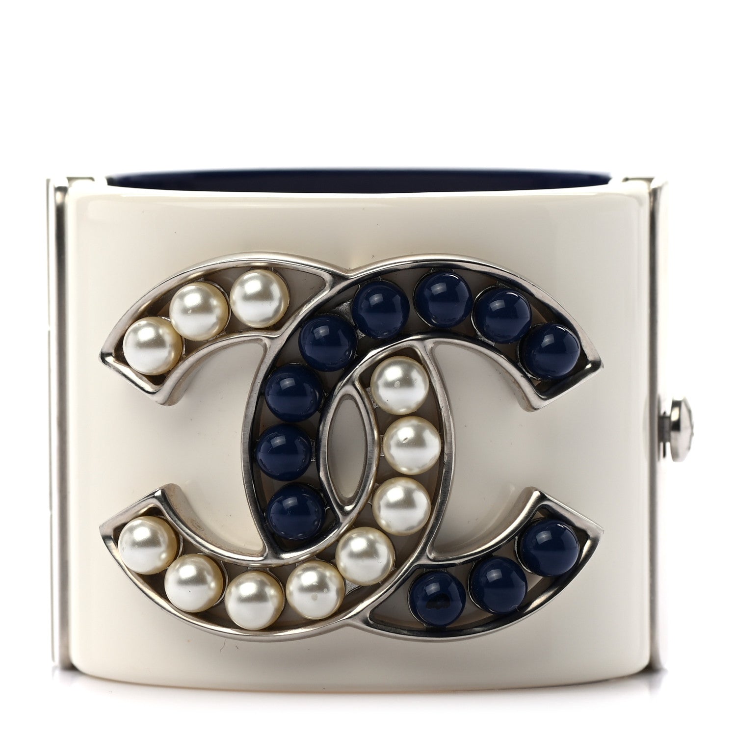 Chanel Resin Pearl CC Cuff Cream White Blue 1 of 4