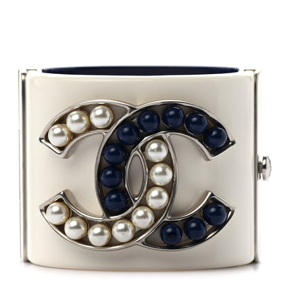 Chanel Resin Pearl CC Cuff Cream White Blue 1 of 4