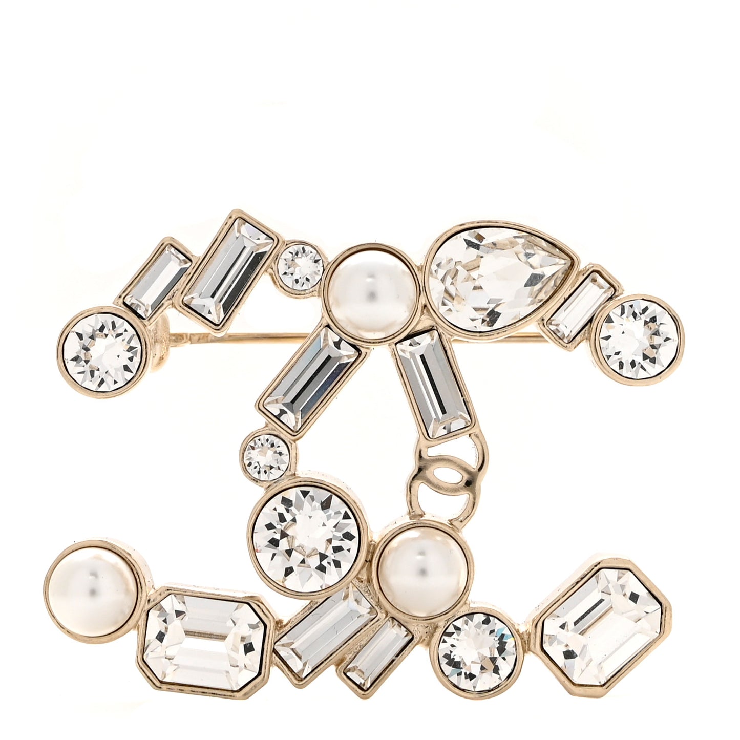 Crystal Baguette Pearl CC Brooch Gold