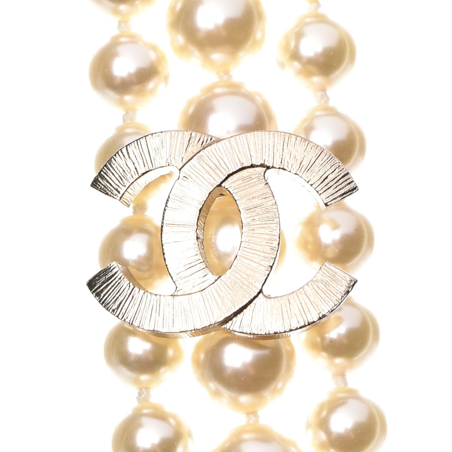 Graduated Pearl CC Long Necklace Light Gold