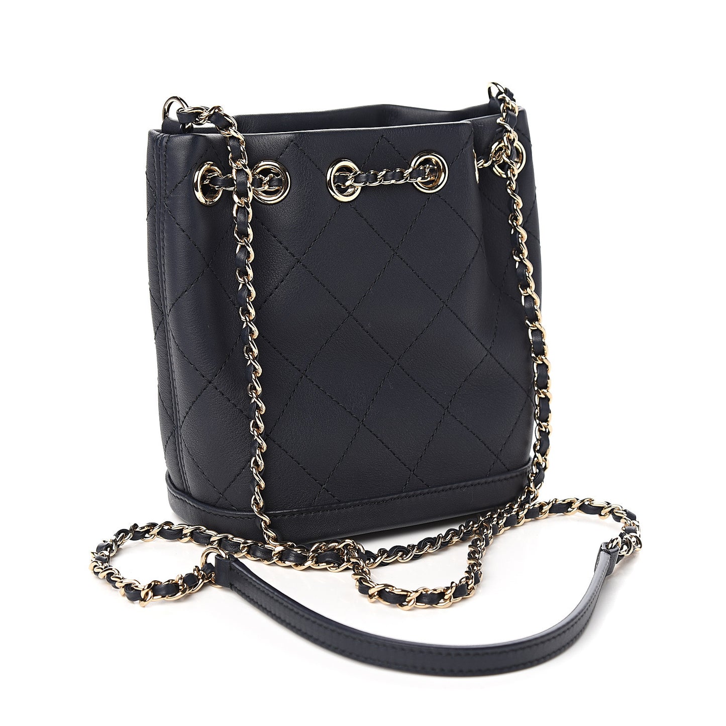 Calfskin Stitched Chain Bucket Bag Navy