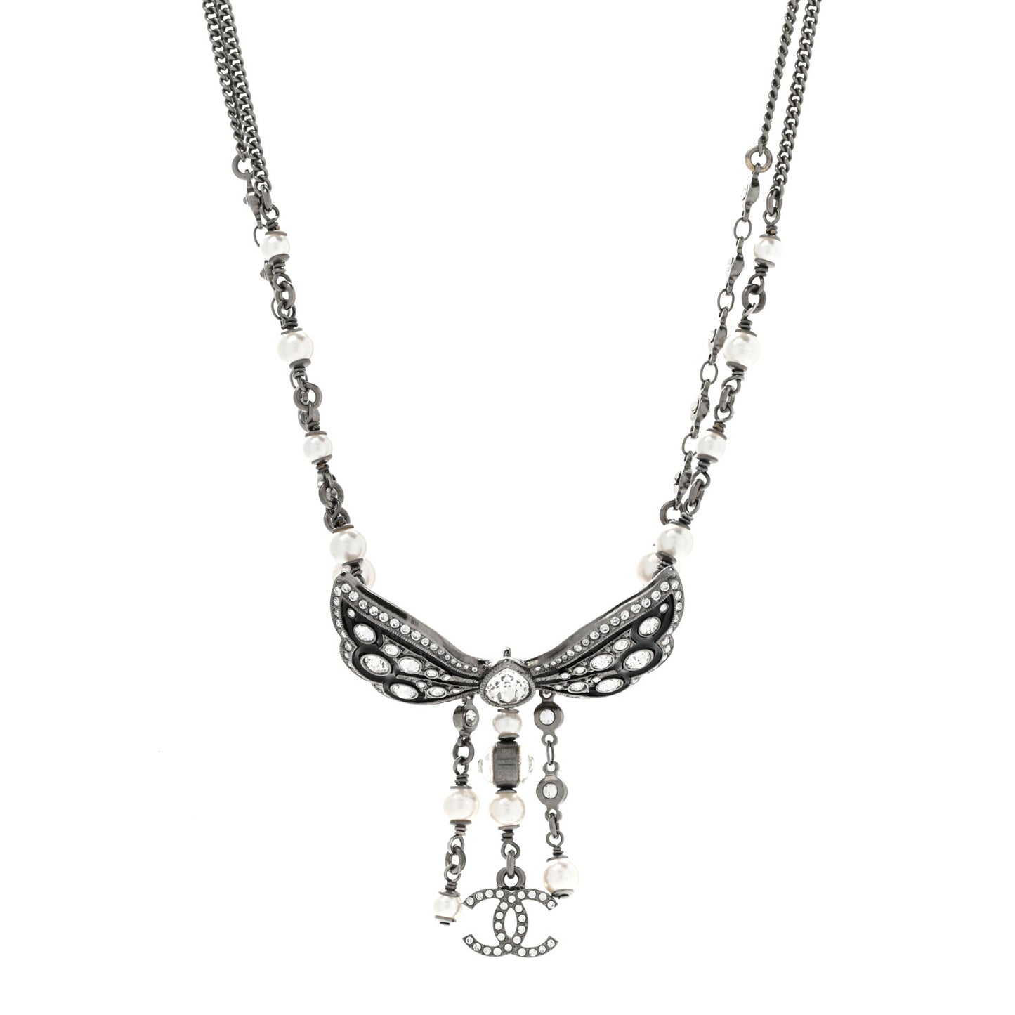 Crystal Pearl Enamel CC Butterfly Choker Necklace Silver