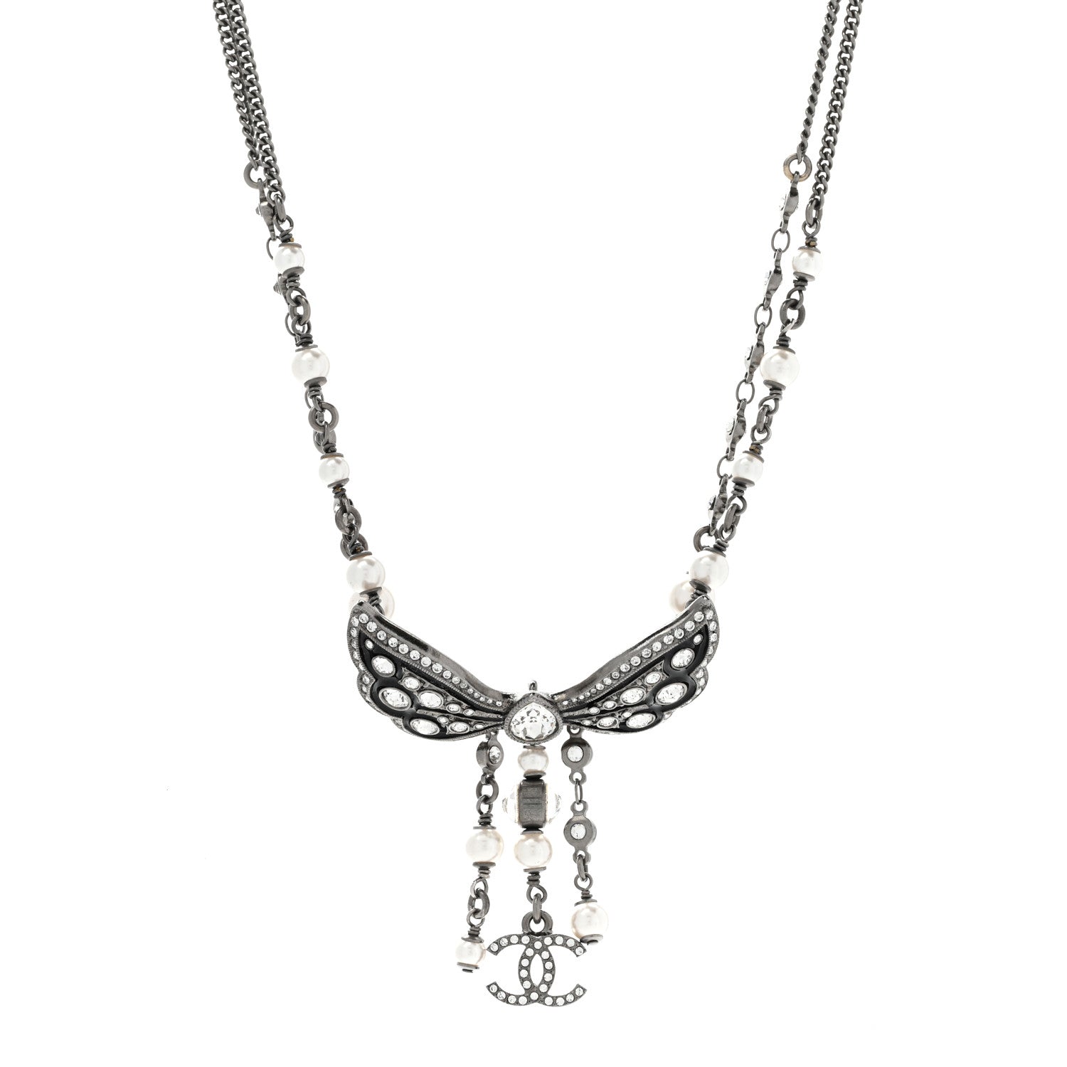 Chanel Crystal Pearl Enamel CC Butterfly Choker Necklace Silver 1 of 6