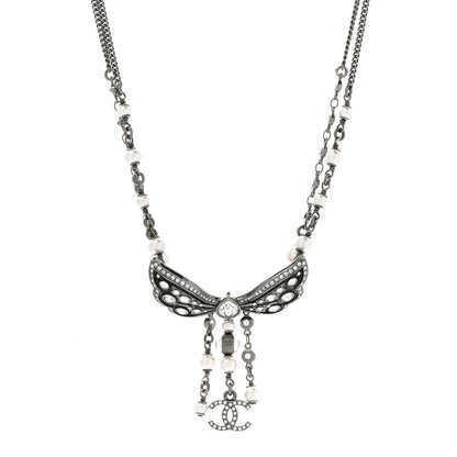 Chanel Crystal Pearl Enamel CC Butterfly Choker Necklace Silver 1 of 6