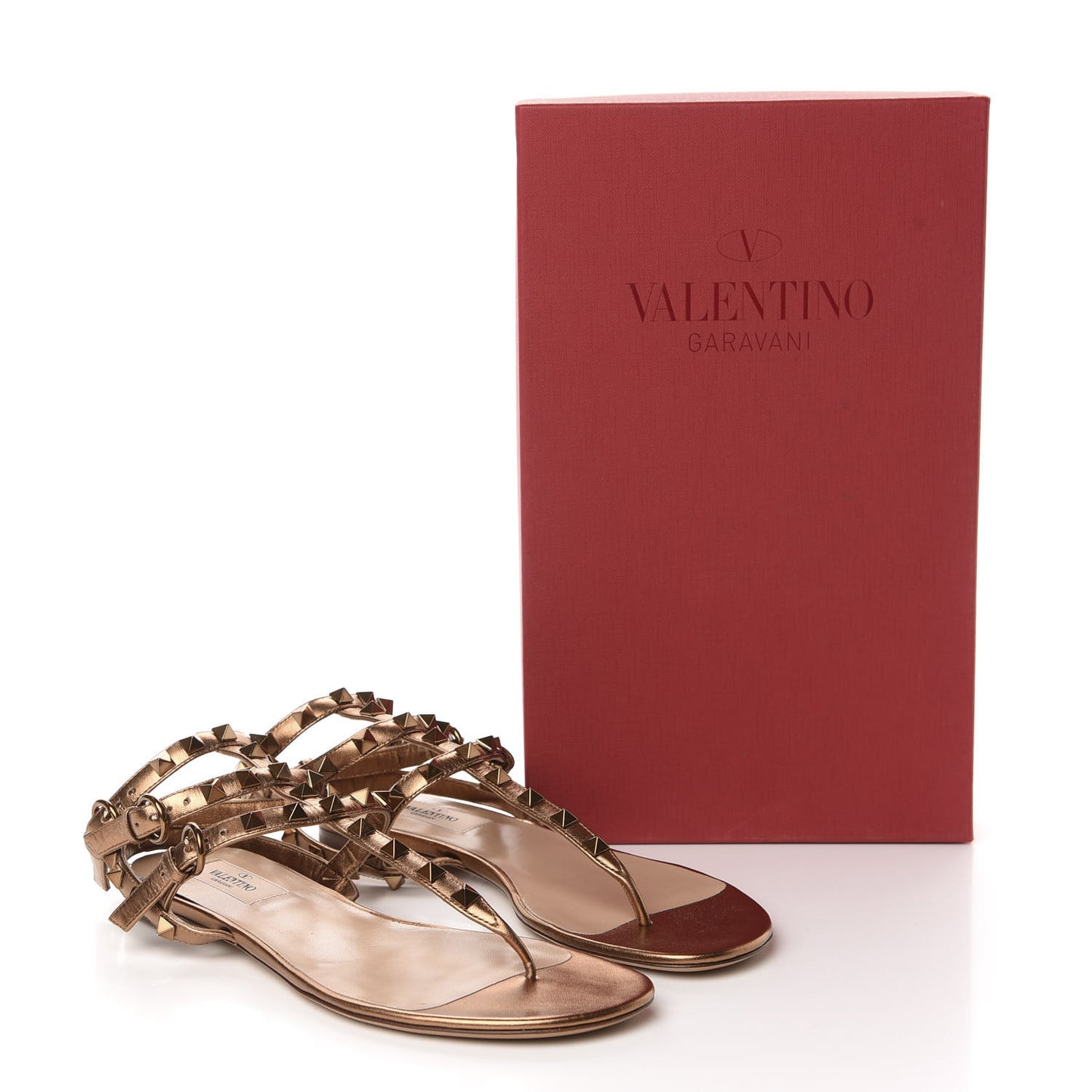 Metallic Nappa Rockstud Ankle Wrap Flat Thong Sandals 37 Bronze