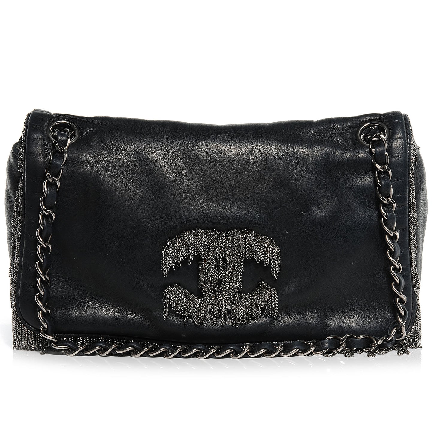 Lambskin Small Rock And Cabaret Chain Fringe Flap Black