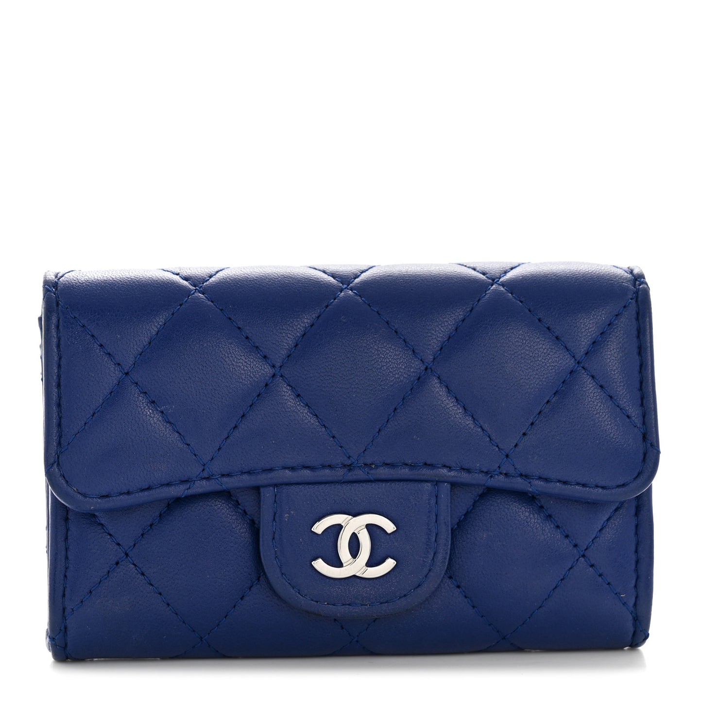 Lambskin Quilted Flap Card Holder Wallet Blue