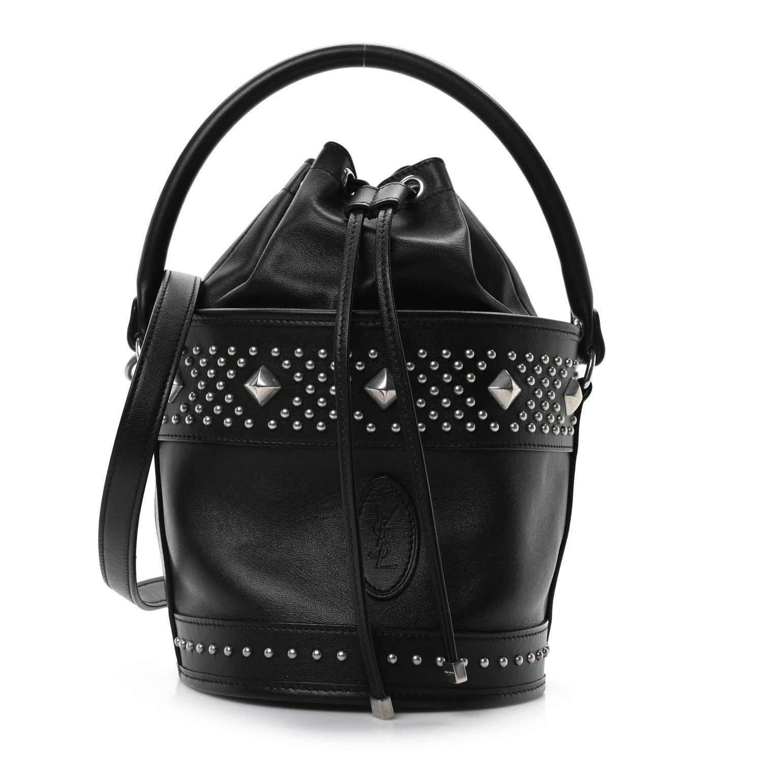 Saint Laurent Smooth Calfskin Studded Small Bahia Drawstring Bucket Bag Black 1 of 9