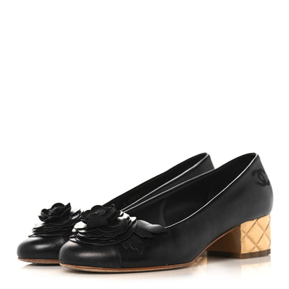 Chanel Calfskin Pearl Camellia Pumps 36 Black Gold 3 of 14