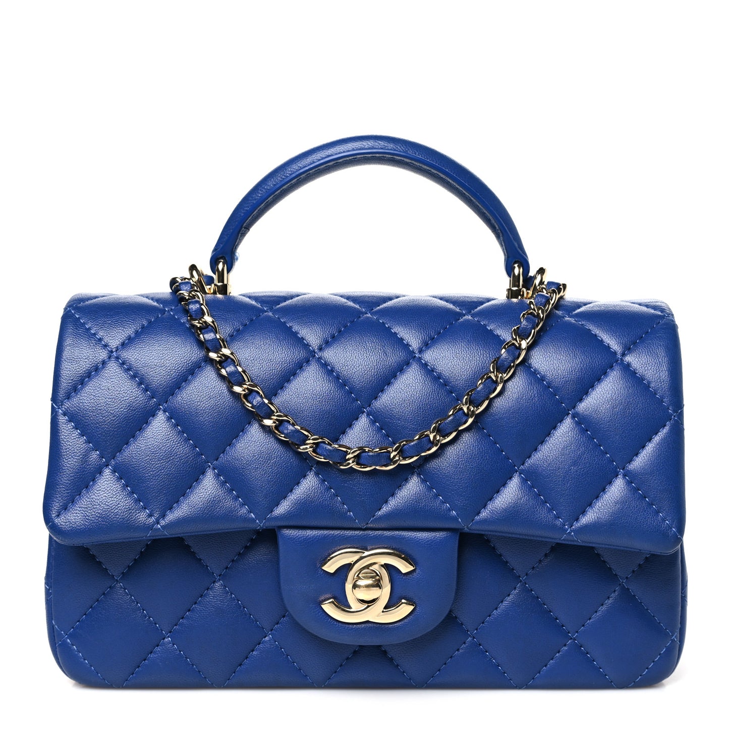 Lambskin Quilted Mini Top Handle Rectangular Flap Blue
