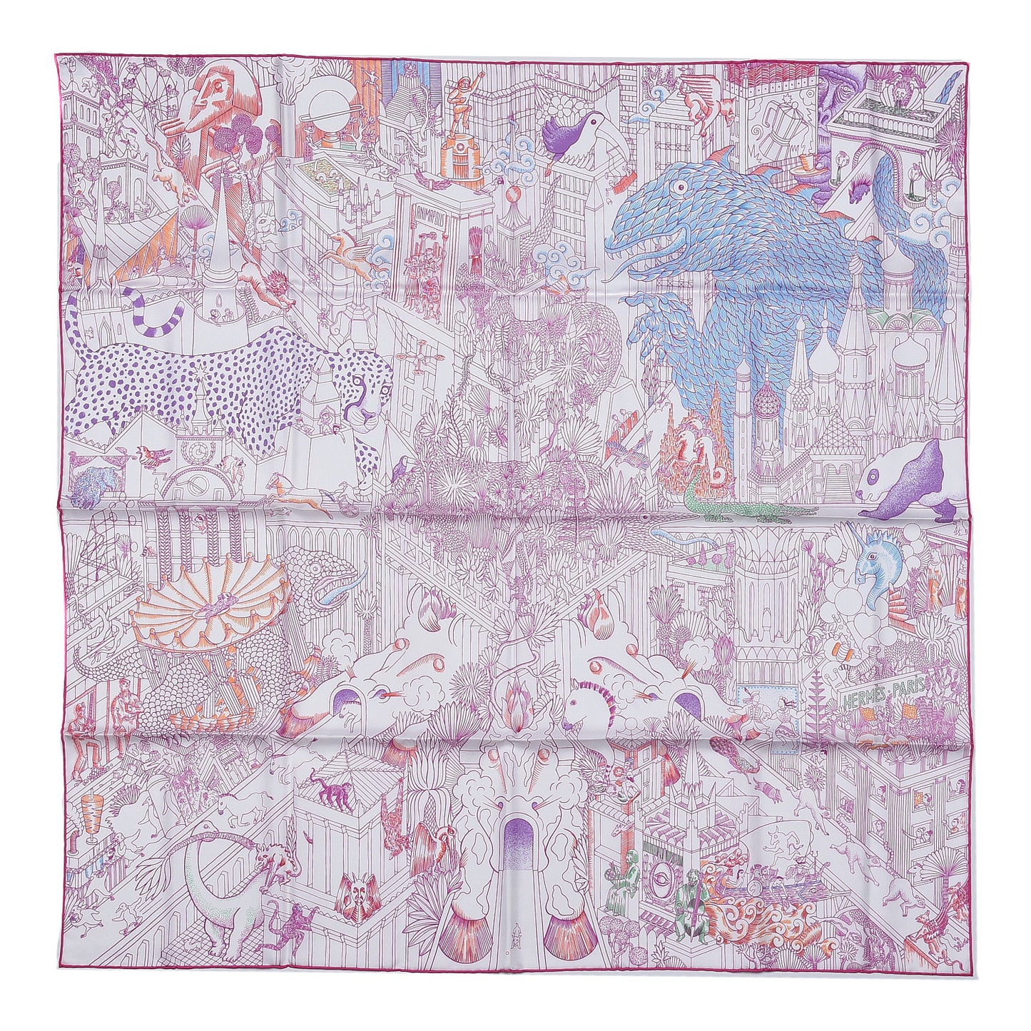 Silk Animapolis Scarf 90 Blanc Fuchsia Multicolor