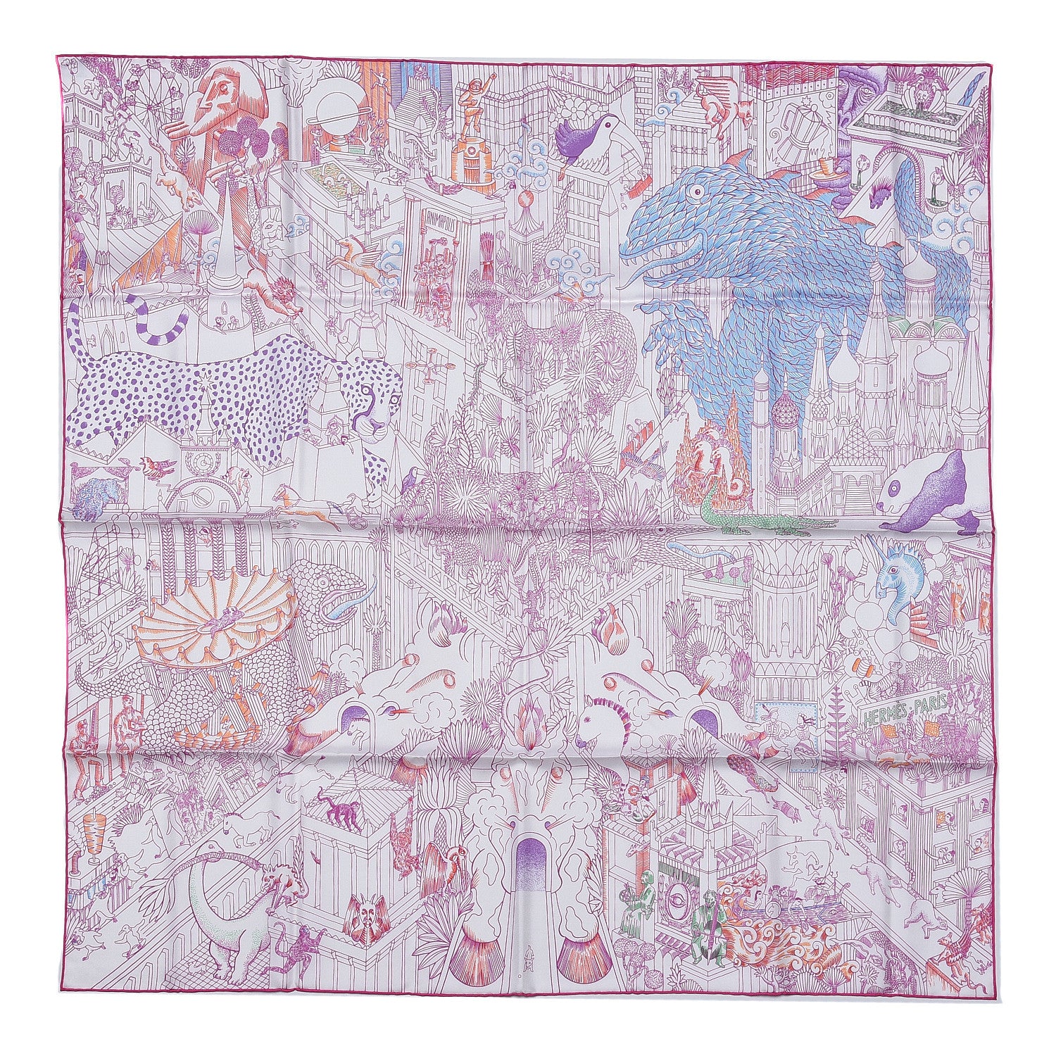 Hermes Silk Animapolis Scarf 90 Blanc Fuchsia Multicolor 1 of 5