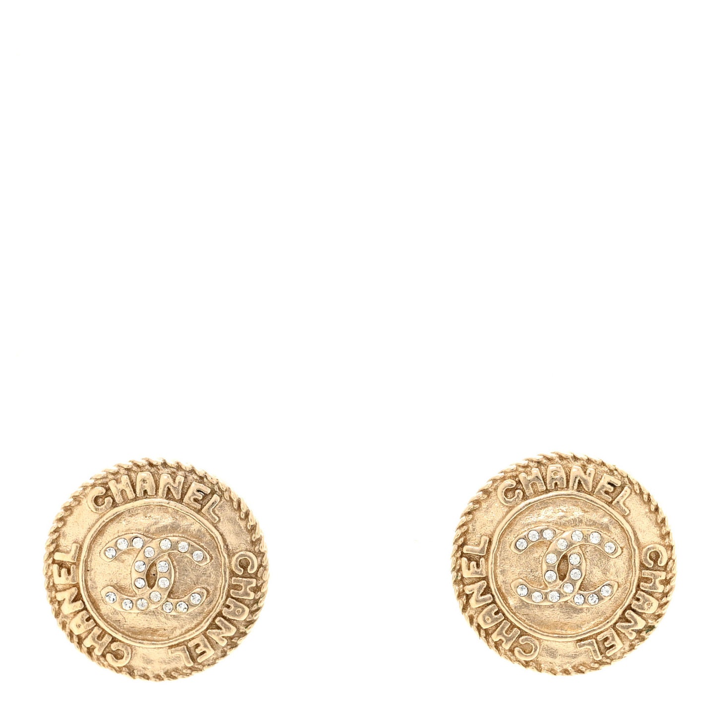 Metal Crystal CC Medallion Round Earrings Gold