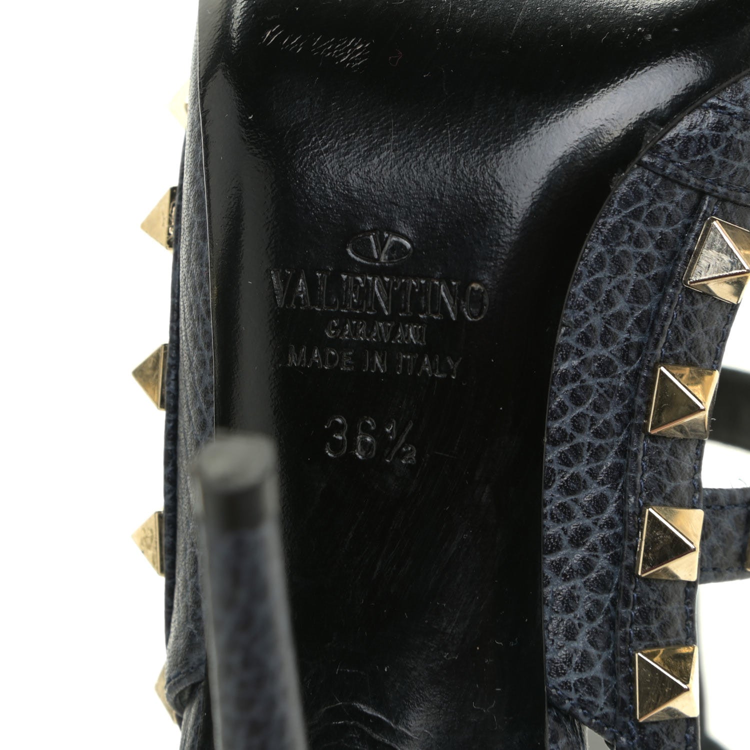 Valentino Garavani Pebbled Calfskin Rockstud Ankle Strap 100mm Pumps 36.5 Deep Denim 10 of 14