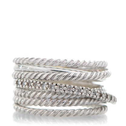 David Yurman Sterling Silver Pave Diamond 11mm Wide Crossover Cable Ring 54 7 1 of 6