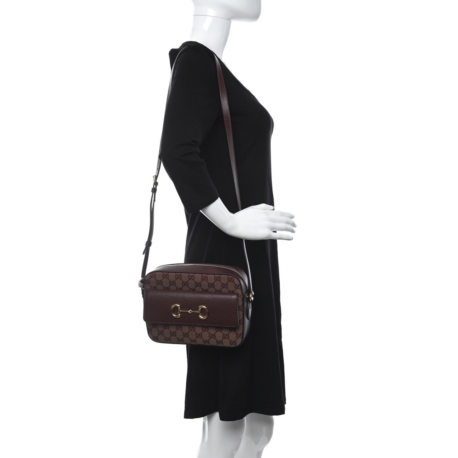 Gucci Monogram Textured Dollar Calfskin Small Horsebit 1955 Shoulder Bag Sahara Rubino Chardonnay 2 of 7