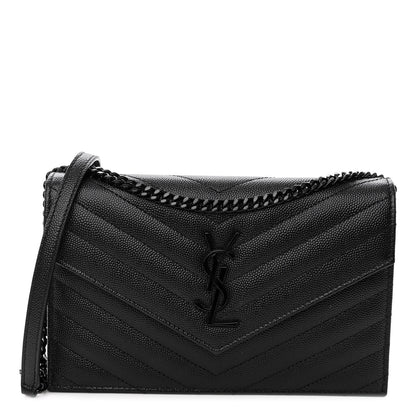 Saint Laurent Grain De Poudre Matelasse Chevron Monogram Monochrome Envelope Chain Wallet Black 1 of 9