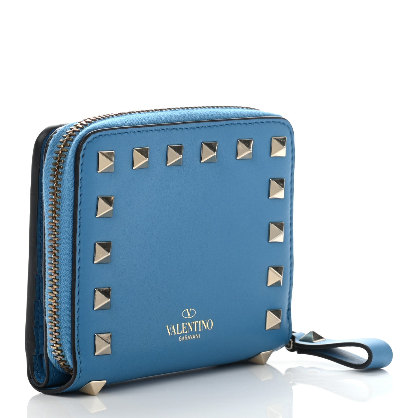 Calfskin Rockstud Compact Zip Around Wallet Light Blue