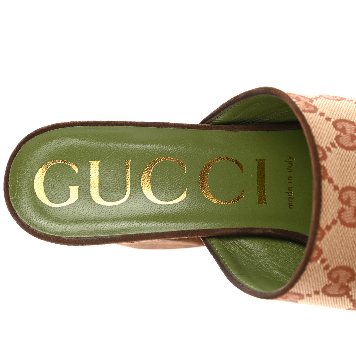 GG Monogram Kid Scamosciato Houdan Mid Heel Platform Slide Sandals 38.5 Beige Ruggine Maroon
