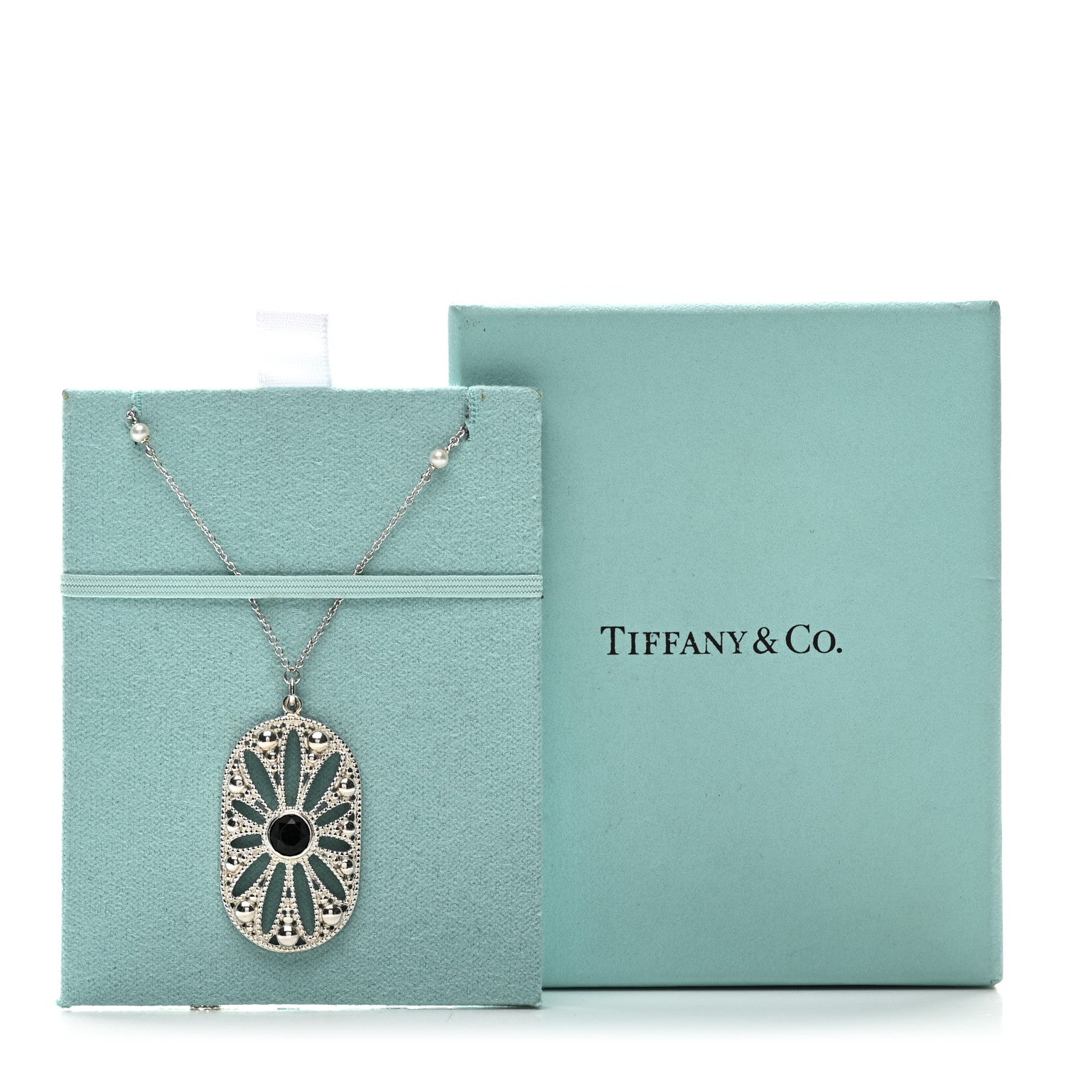 Tiffany Sterling Silver Black Onyx Cultured Pearl Ziegfeld Daisy Pendant Necklace 5 of 5