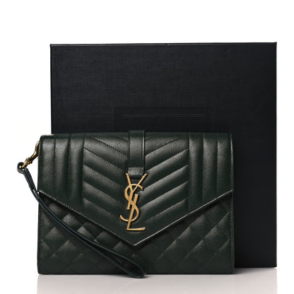 Saint Laurent Grain De Poudre Textured Mixed Matelasse Triquilt Monogram Clutch Vert Fonce 9 of 9