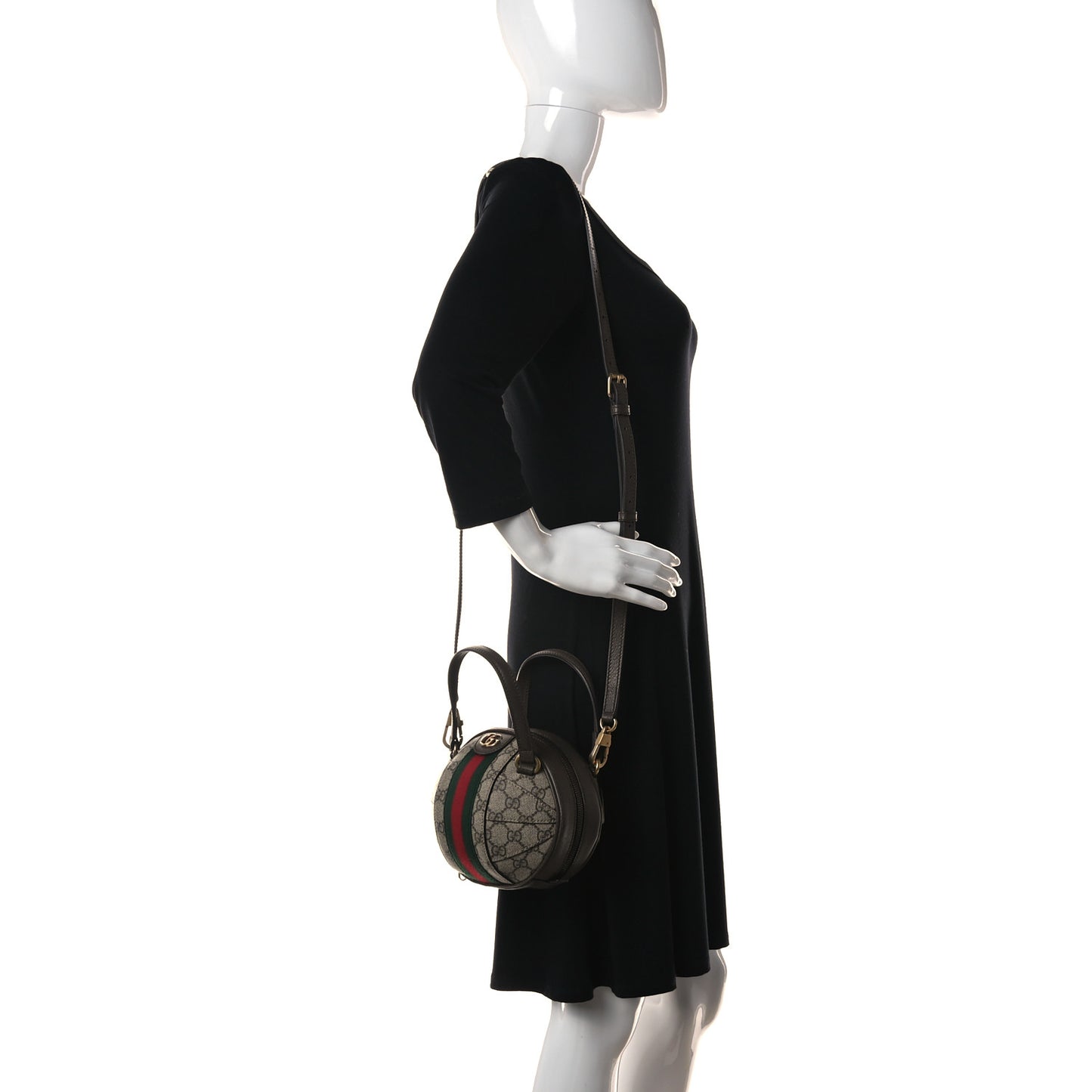 GG Supreme Monogram Textured Dollar Calfskin Web Mini Ophidia Basketball Shaped Shoulder Bag Beige Ebony New Acero