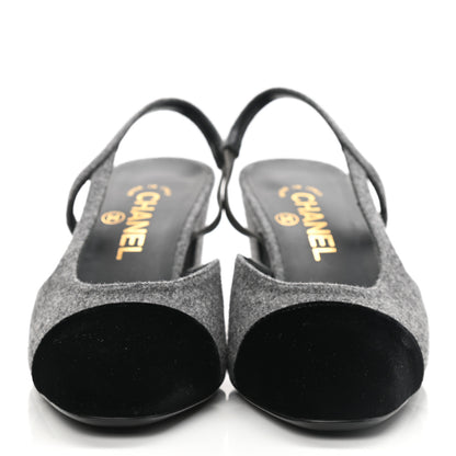 Chanel Wool Velvet Cap Toe CC Slingback Pumps 37.5 Black Grey 2 of 8