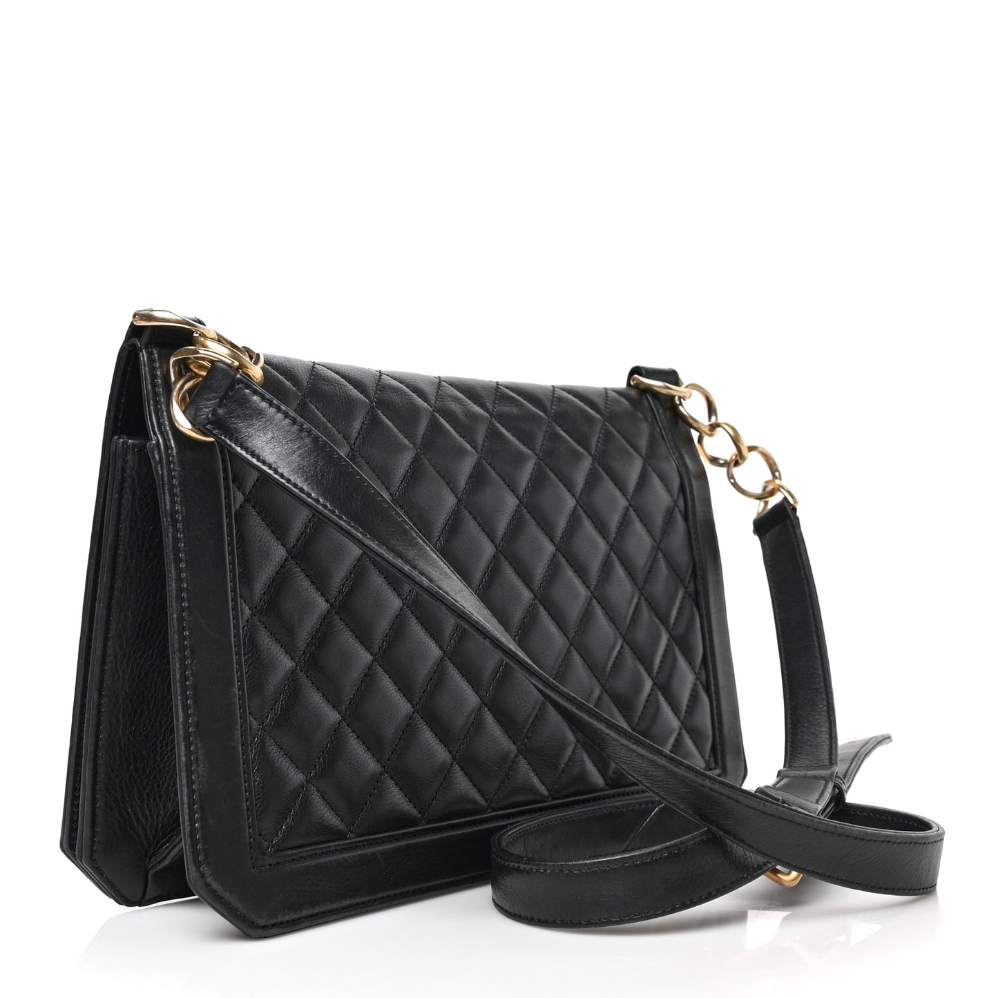 Calfskin Quilted Large Chain Link Full Flap Black