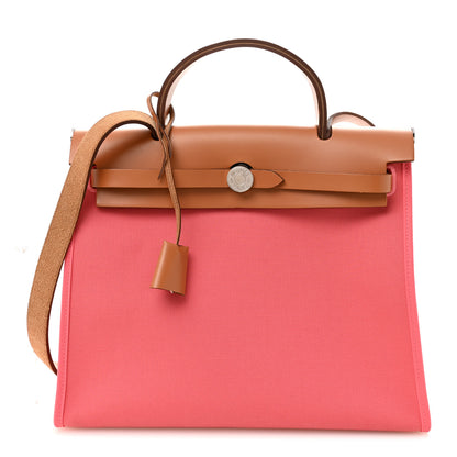 Hermes Vache Hunter Toile Herbag Zip 31 PM Rose Azalee Natural 1 of 11