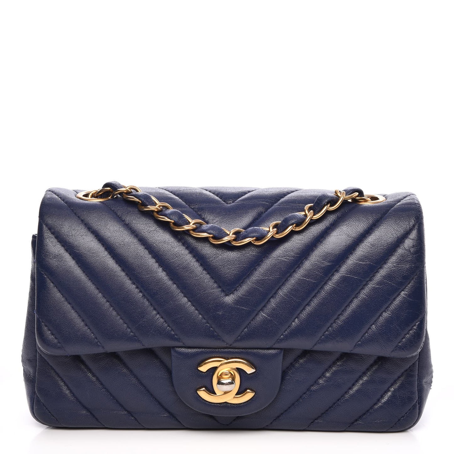 Calfskin Chevron Quilted Rectangular Mini Flap Dark Blue