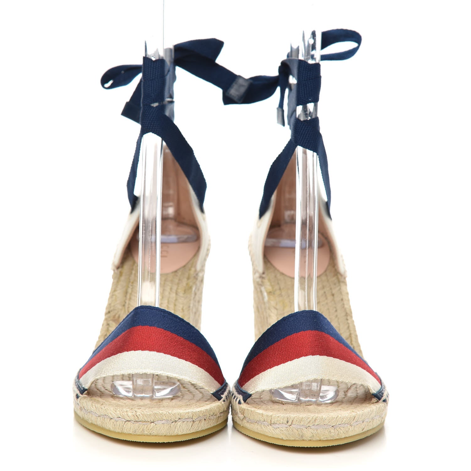 Gucci Canvas Sylvie Web Ankle Wrap Espadrille Wedge Sandals 39 Mystic White Hibiscus Red Maritime 2 of 9