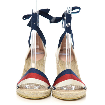 Gucci Canvas Sylvie Web Ankle Wrap Espadrille Wedge Sandals 39 Mystic White Hibiscus Red Maritime 2 of 9