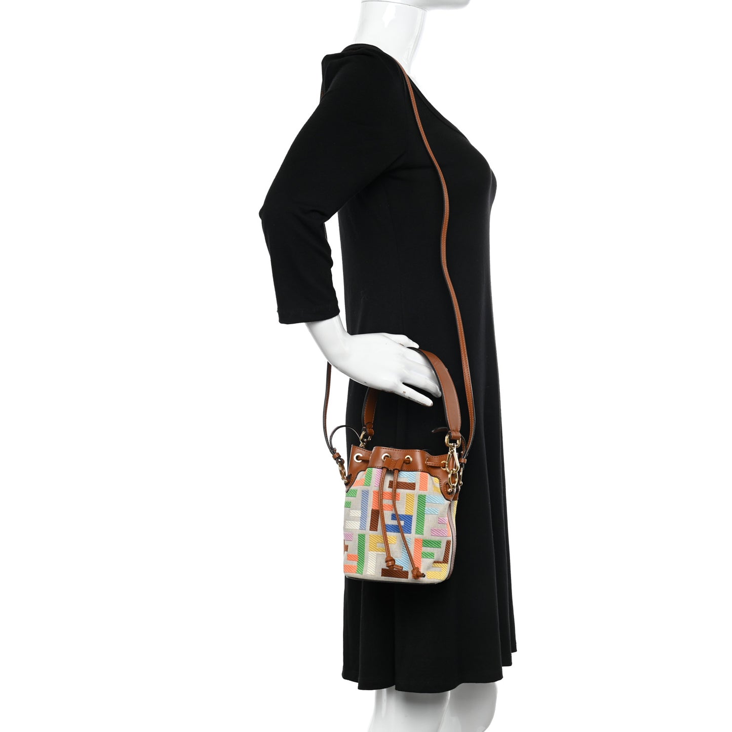 Kuban Canvas Vitello King F is Fendi FF Embroidered Mini Mon Tresor Bucket Bag Multicolor Cuoio