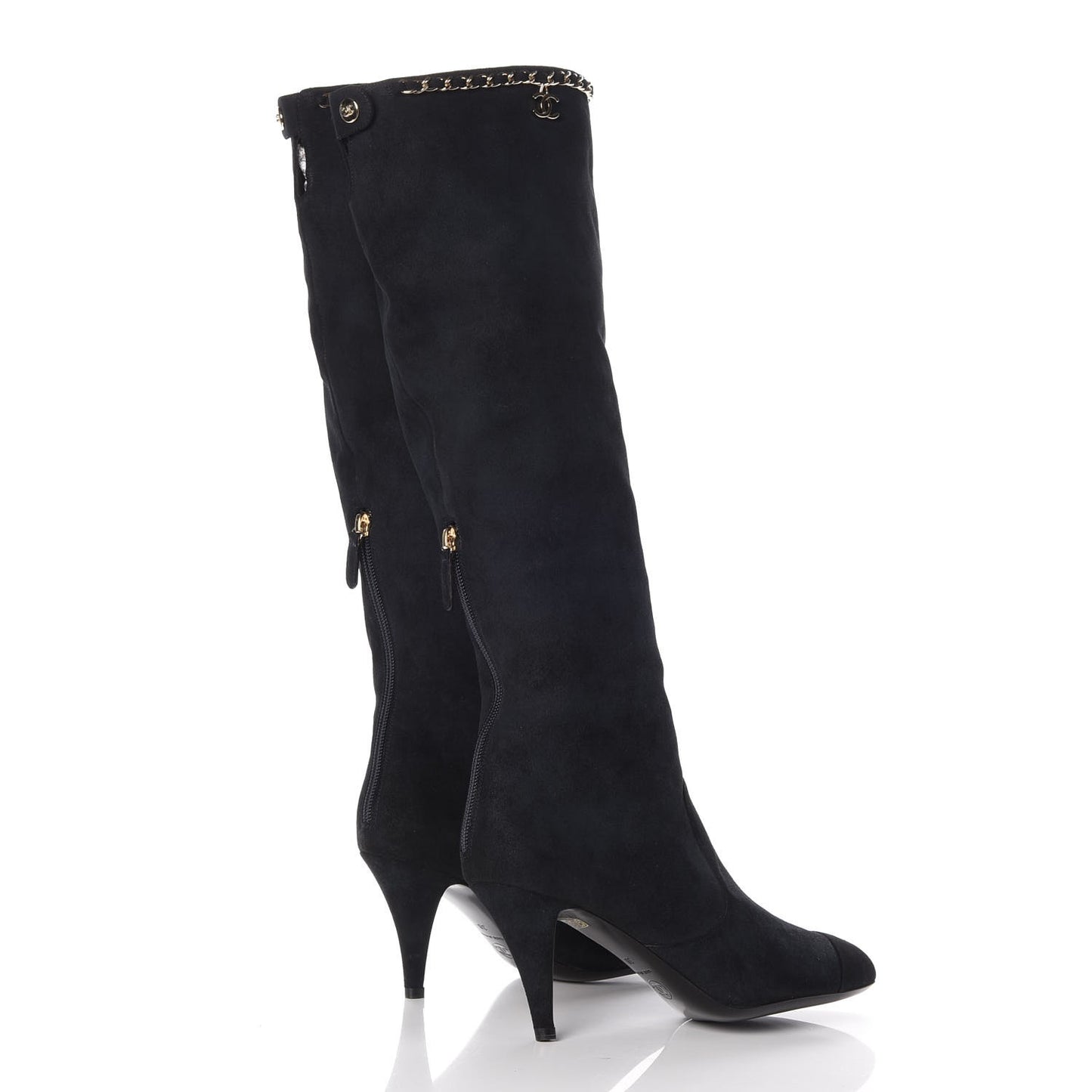 Suede Calfskin Chain Cap Toe Knee High Boots 38 Dark Navy