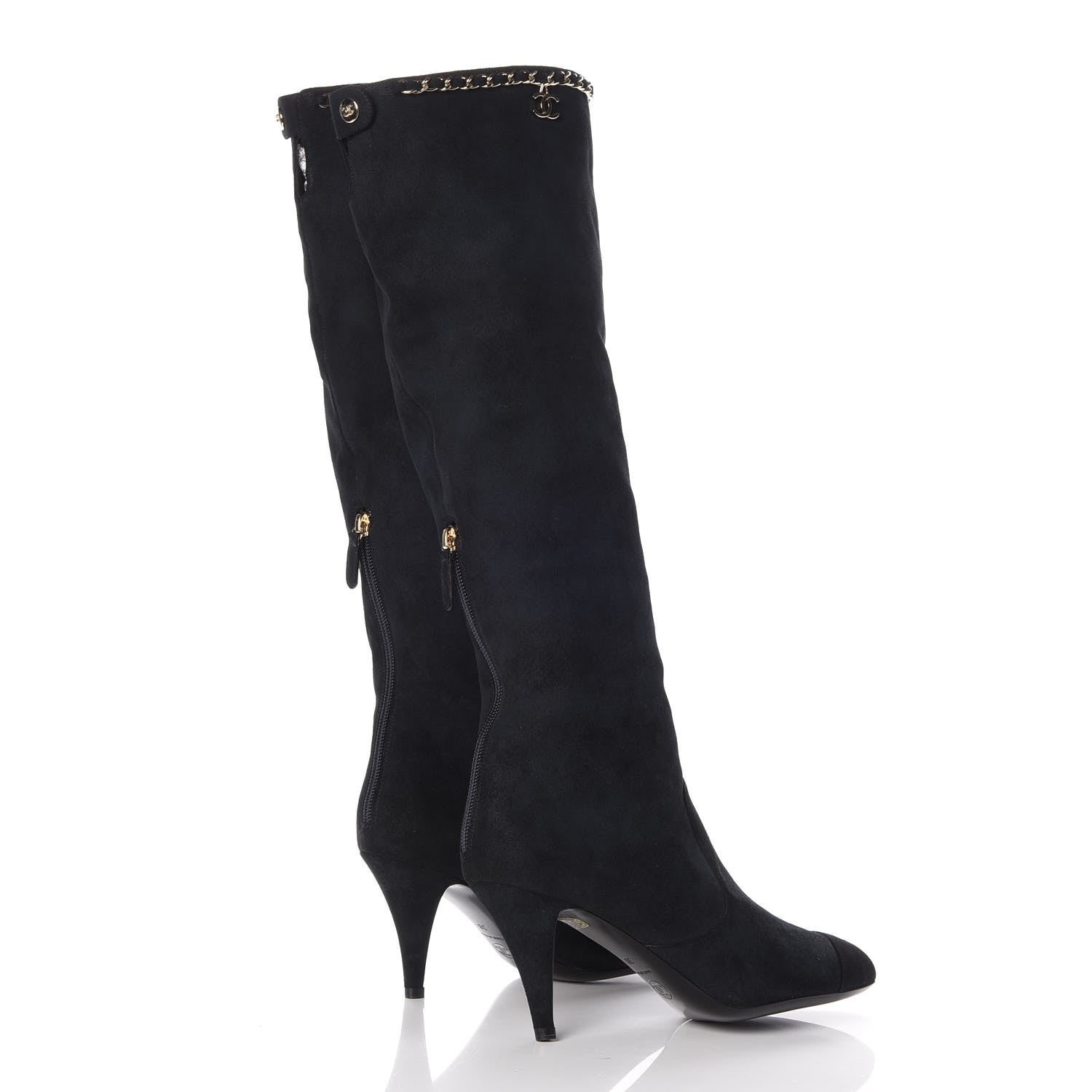 Chanel Suede Calfskin Chain Cap Toe Knee High Boots 38 Dark Navy 4 of 8