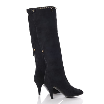 Chanel Suede Calfskin Chain Cap Toe Knee High Boots 38 Dark Navy 4 of 8