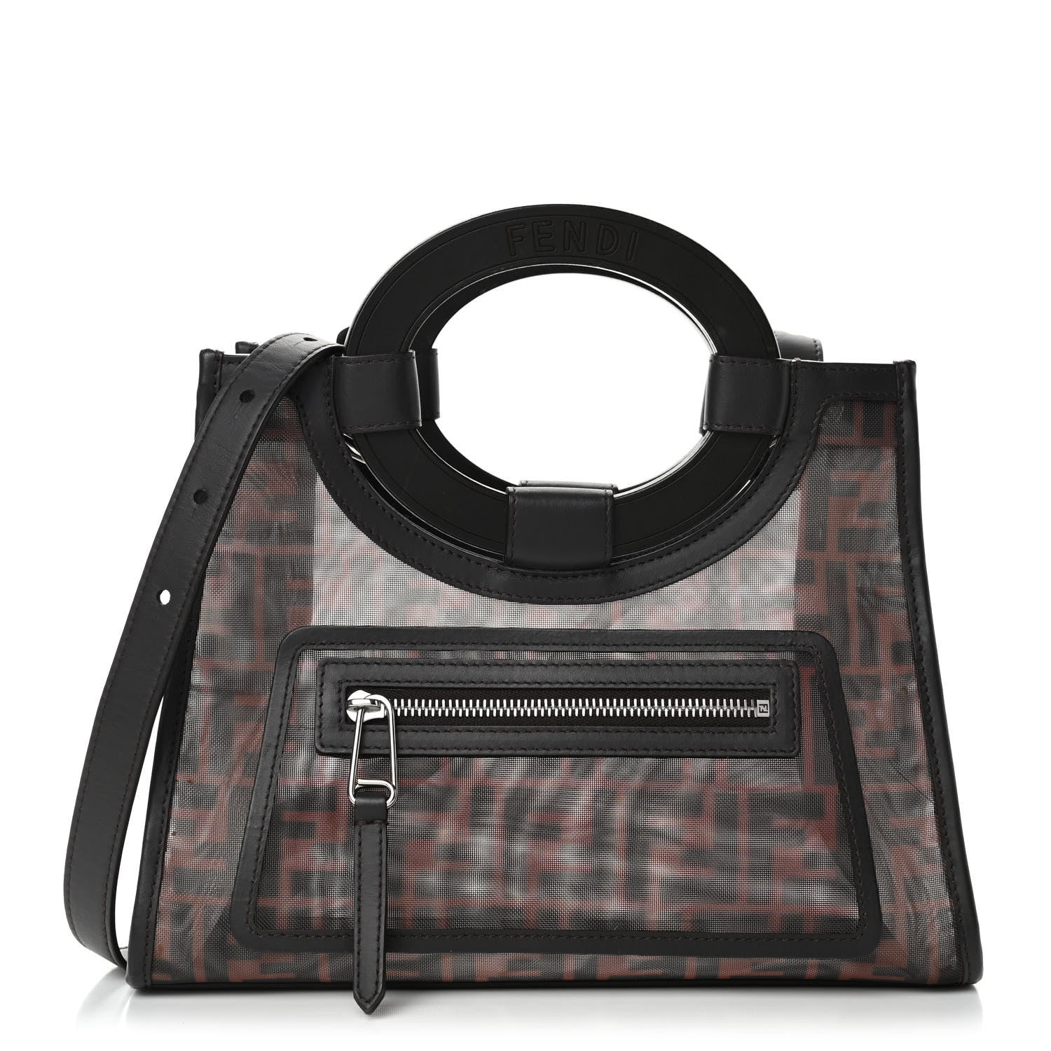 Fendi Mesh Vitello Century Cuoio FF 1974 Small Runaway Shopper Tote Marrone Black Ebano 1 of 6