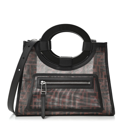 Fendi Mesh Vitello Century Cuoio FF 1974 Small Runaway Shopper Tote Marrone Black Ebano 1 of 6