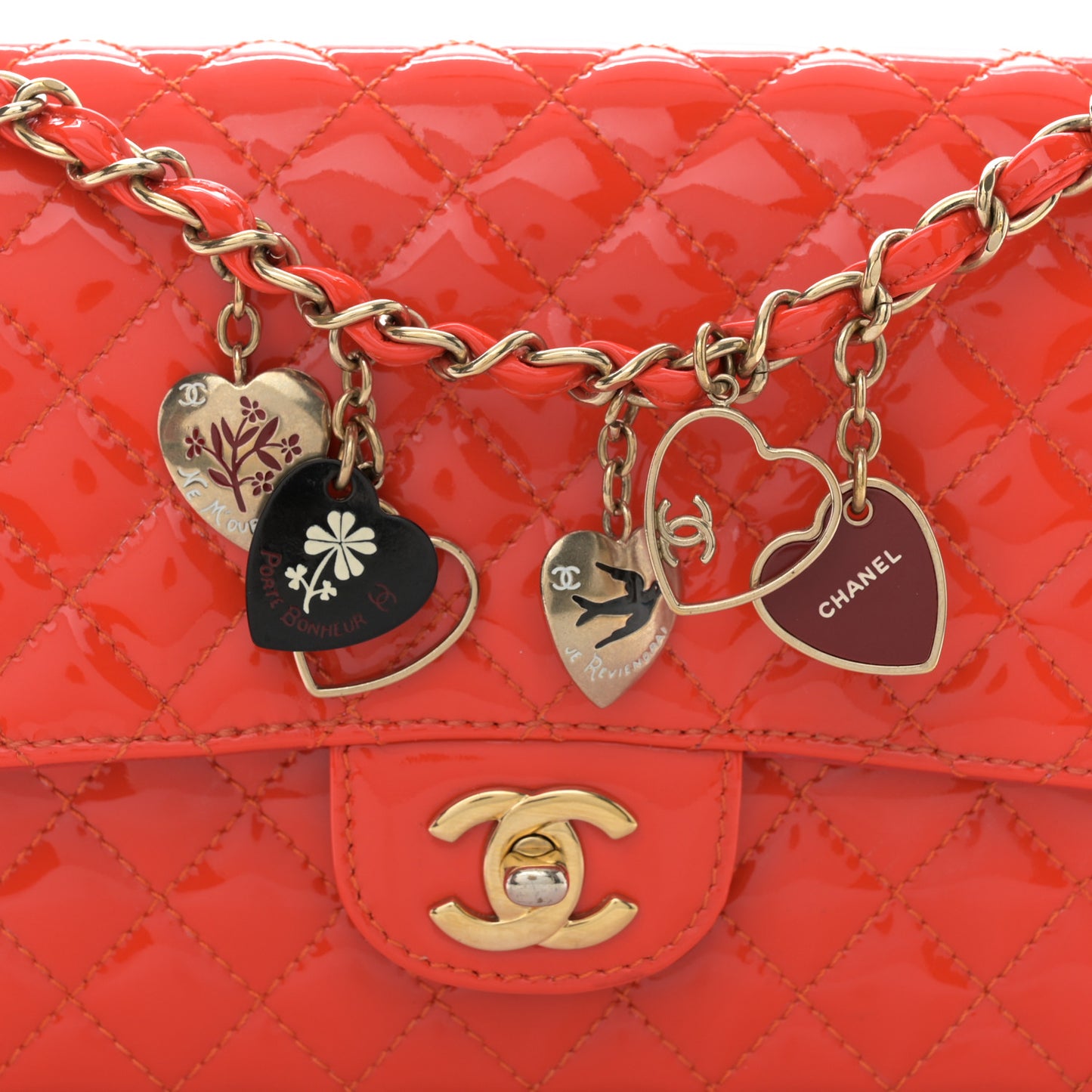 Patent Calfskin Quilted Valentine Charms Medium Single Flap Red