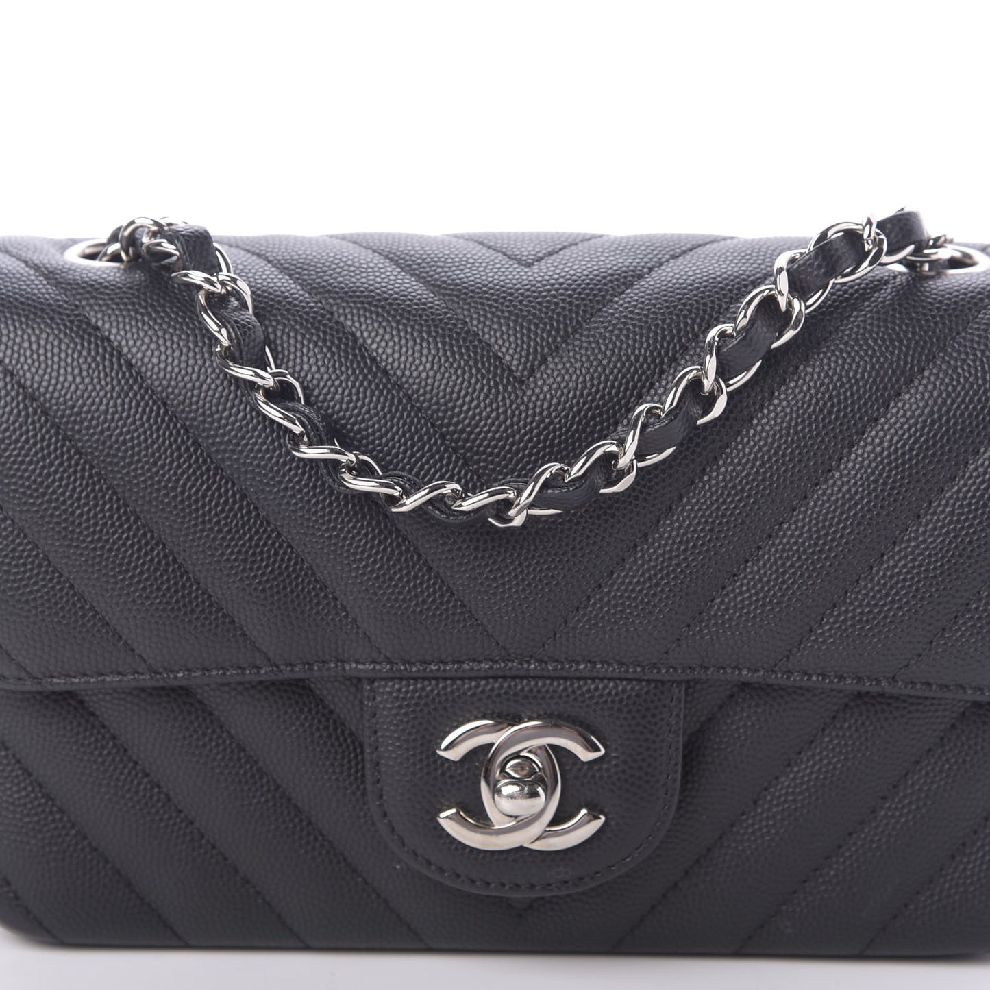 Caviar Chevron Quilted Mini Rectangular Flap Black
