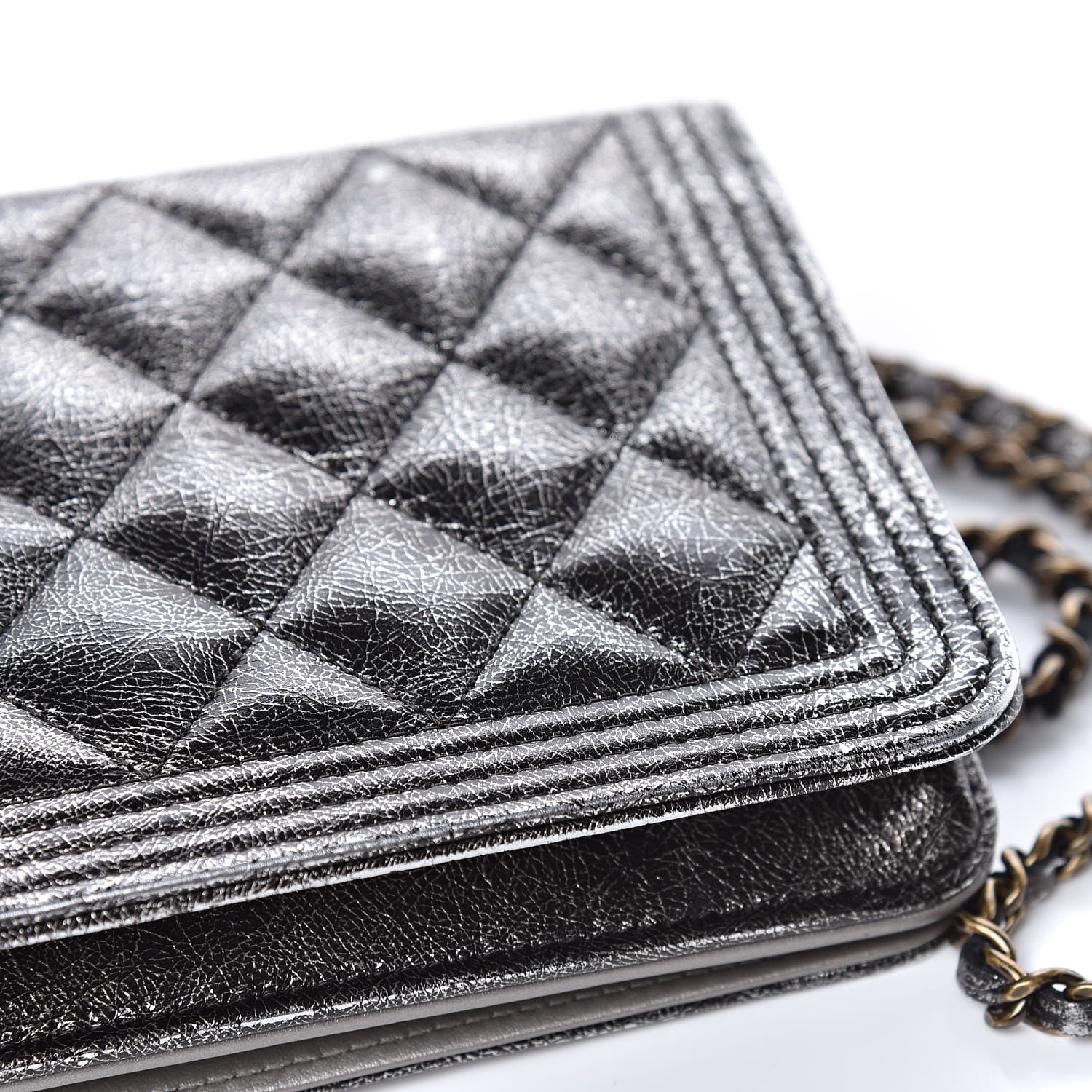 Chanel Cracked Metallic Calfskin Quilted Boy Wallet On Chain WOC Dark Silver 16 of 18