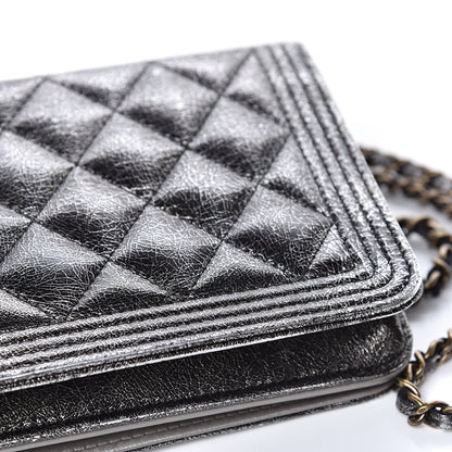 Chanel Cracked Metallic Calfskin Quilted Boy Wallet On Chain WOC Dark Silver 16 of 18
