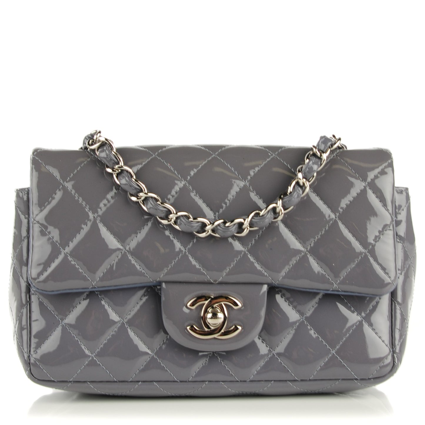 Patent Calfskin Quilted Mini Rectangular Flap Grey