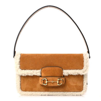 Gucci Suede Shearling Horsebit Mini 1955 Shoulder Bag Honey Beige Milk 1 of 15
