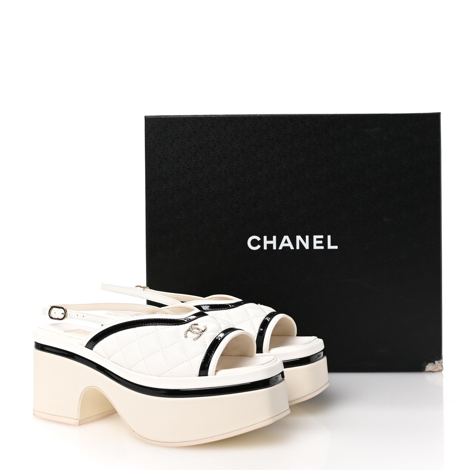 Chanel Lambskin Patent Quilted CC Platform Sandals 36 White Black 9 of 9