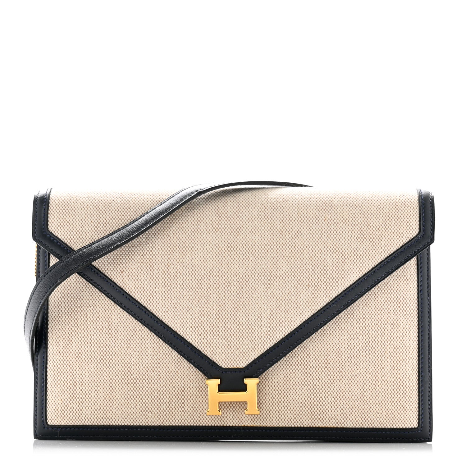 Hermes Toile Vache Calfskin Lydie Clutch Natural Bleu Marine 1 of 12