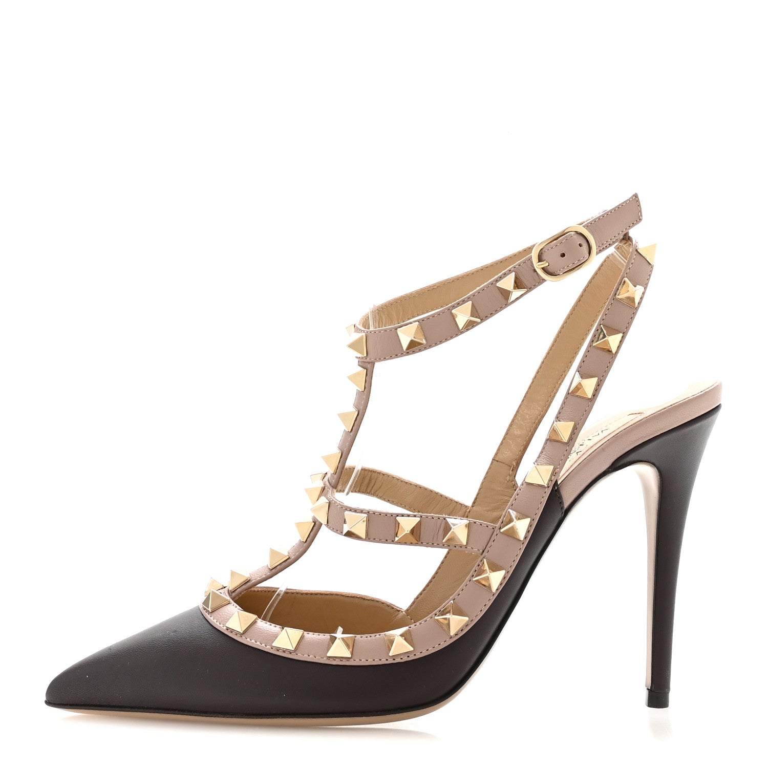 Valentino Garavani Calfskin Nappa Rockstud Ankle Strap 100mm Pumps 37 Cacao Poudre 1 of 8
