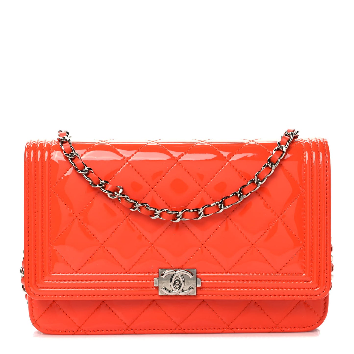 Patent Calfskin Quilted Boy Wallet On Chain WOC Orange