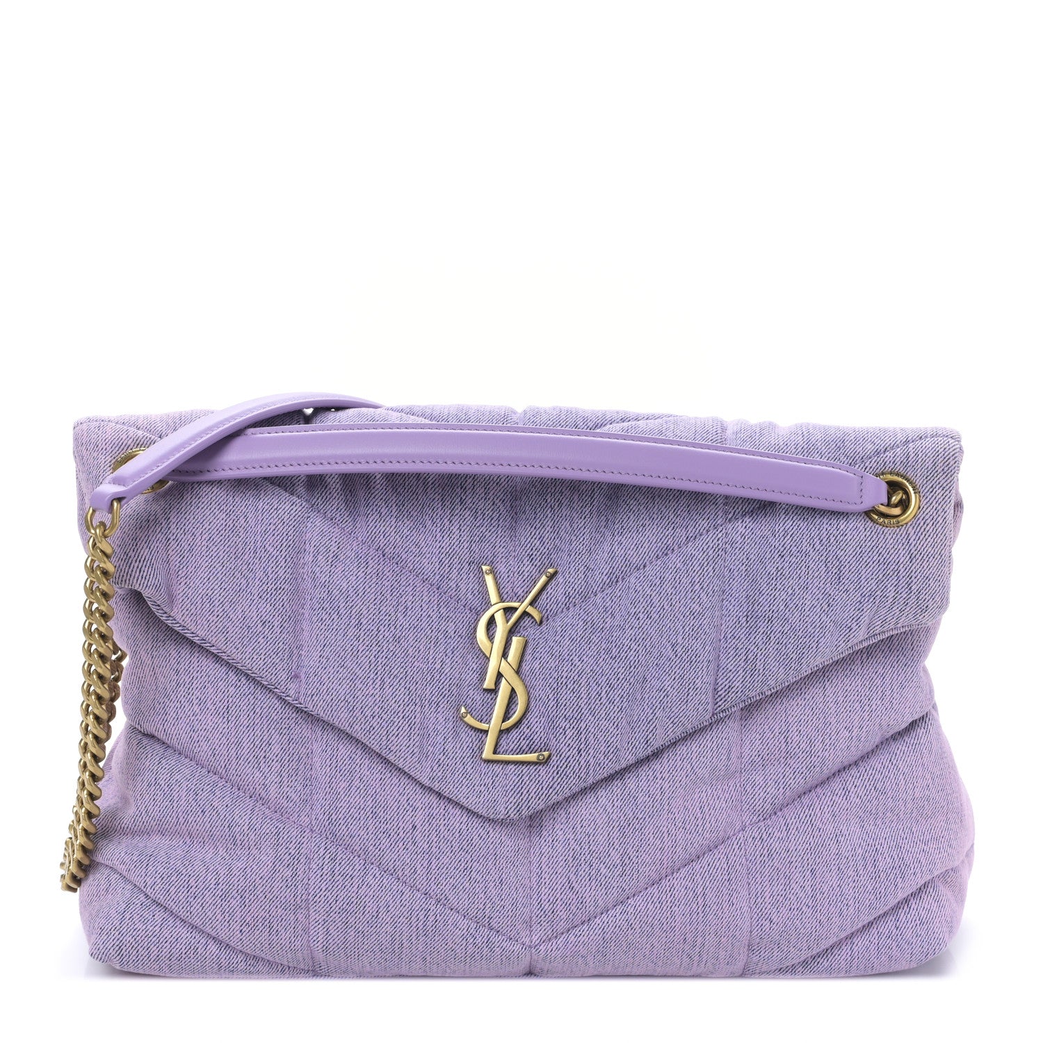 Saint Laurent Denim Quilted Medium Loulou Puffer Monogram Chain Satchel Bleached Lilac 1 of 8