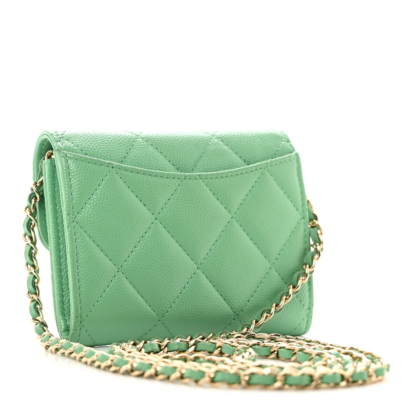Caviar Quilted Flap Card Holder On Chain Light Green
